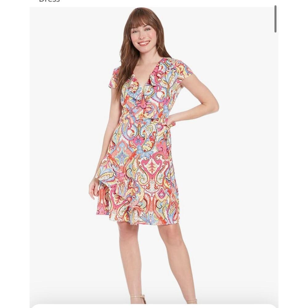 NWT London Times Side Tie Asymm Cascade Surplice Dress 14W
